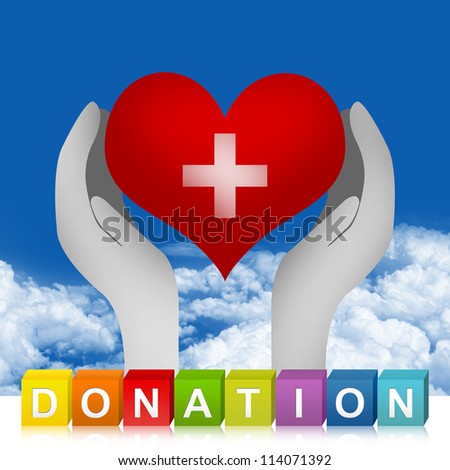 Colorful Donation Cube Box And Heart With Cross Sign Over The Hand For Heart Donation Concept in Blue Sky Background