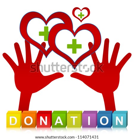 Colorful Donation Cube Box And Two Hands Holding Red Heart With Green Cross Inside For Heart Donation Concept Isolated on White Background