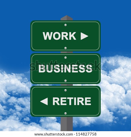 Business Concept Present By Green Street Sign Pointing to Work, Business And Retire Against A Blue Sky Background