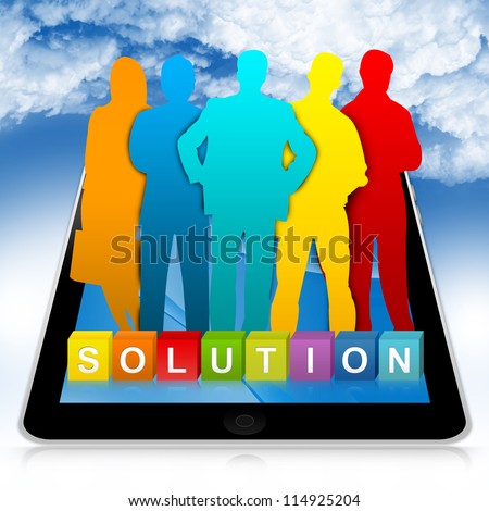 Business Concept Present By Tablet PC With Colorful Solution Cube Box And Colorful Businessman in Blue Sky Background