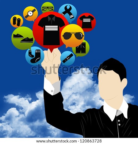 Internet and Online Shopping Concept Present by Businessman With Group of E-Commerce Icon For Men Fashion in Blue Sky Background