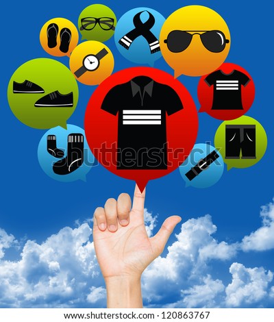 Internet and Online Shopping Concept Present by Hand With The E-Commerce Icon For Men Fashion in Blue Sky Background