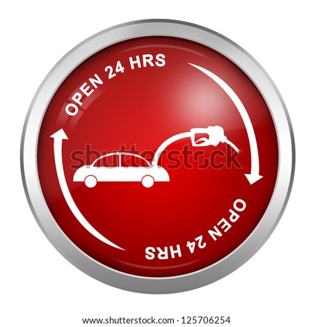 Red Circle 24 Hrs Open Gas Station With The Car Icon Inside Isolate on White Background