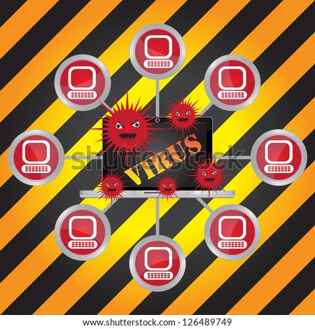 Computer Virus and Network Security Concept Present By Computer Laptop With Red Virus and Yellow Virus Text on Screen Connected to The Network in Caution Zone Dark and Yellow Background