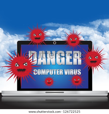 Computer Virus and Network Security Concept Present By Computer Laptop With Red Virus and Danger Computer Virus Text on Screen in Blue Sky Background