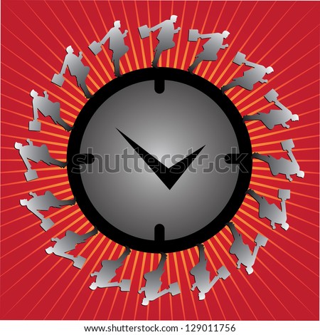 Business Or Time Management Concept Present By The Businessman Running Around The Clock in Red Glossy Style Background