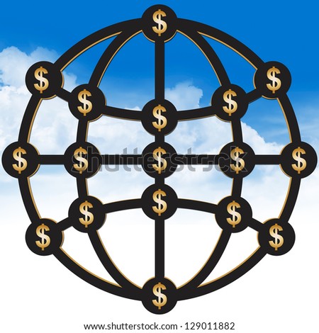 Business Structure, Teamwork or MLM Concept Present By The Golder and Black Dollar Sign Icon Connected on The Global Network in Blue Sky Background