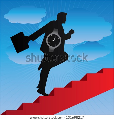 Business Solution and Time Management Concept Present By The Businessman With Time Watch Walking Upstairs for Best Vision in His Business in Blue Sky Background