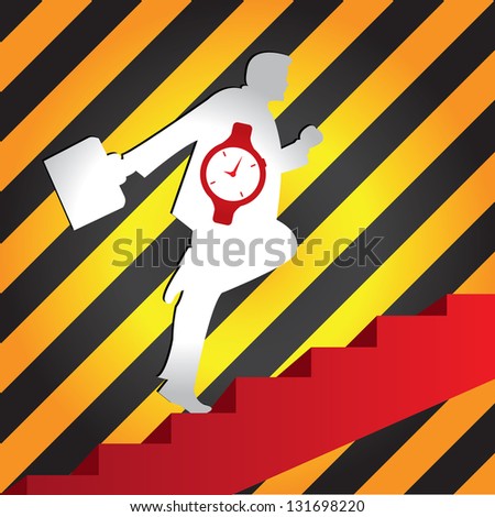 Business Solution and Time Management Concept Present By The Businessman With Time Watch Walking Upstairs for Best Vision in His Business in Caution Zone Dark and Yellow Background