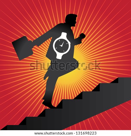 Business Solution and Time Management Concept Present By The Businessman With Time Watch Walking Upstairs for Best Vision in His Business in Red Shiny Background