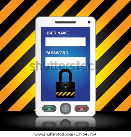 Mobile Phone Security Concept Present By White Smart Phone With Login Form and The Key Lock Icon on Screen in Caution Zone Dark and Yellow Background