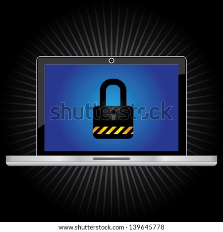 Computer Security Concept Present By Computer Laptop or Computer Notebook With The Key Lock on Screen in Dark Shiny Background