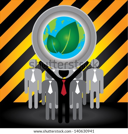 Recycle, Save The Earth or Stop Global Warming Concept Present By Group of Businessman With Earth and Green Leaf Sign on Hand  in Caution Zone Dark and Yellow Background