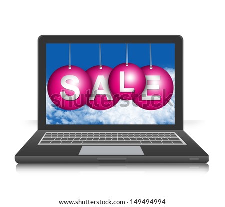 Graphic For Promotion and Sale Season Campaign Present By Black Computer Notebook Screen With Hanged Pink Sale Tag Isolated on White Background
