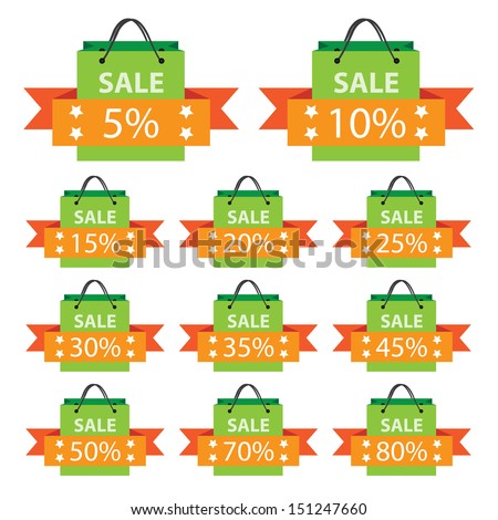 Promotional Sale Labels Set, Present By Green Sale Shopping Bag With Orange 5-80 Percent Discount Ribbon Isolated on White Background