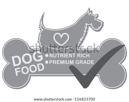 Graphic For Pet Business Present by Dog Food Text, Nutrient Rich and Premium Grade on Gray Dog Food Sign With Check Mark Isolated On White Background
