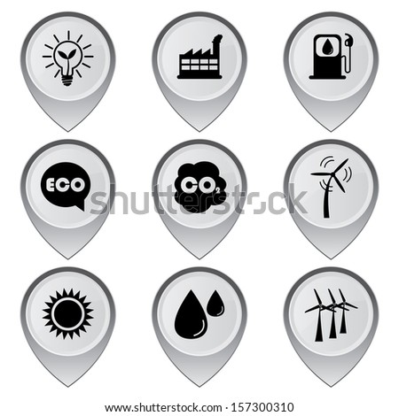 Save The Earth, Conservation, Natural or Ecology Concept Present By Set Of Gray Glossy Style Map Pointer With Nature or Ecology Sign Isolated on White Background