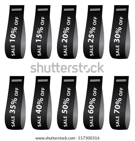 Marketing Material For Promotional Sale or Marketing Campaign Present By Black Glossy Style Sale 10-70 Percent Off Label Isolated on White Background