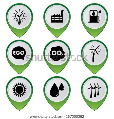 Save The Earth, Conservation, Natural or Ecology Concept Present By Set Of Green Glossy Style Map Pointer With Nature or Ecology Sign Isolated on White Background