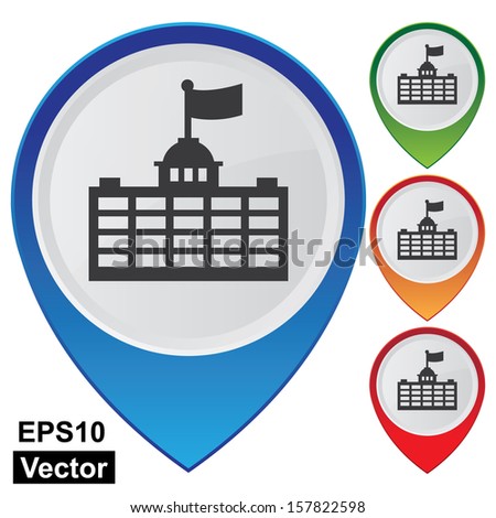 Vector : Business and Service Concept Present By Colorful Glossy Style Map Pointer With Official Place, Immigration Bureau, Embassy, Consulate, School or University Sign Isolated on White Background