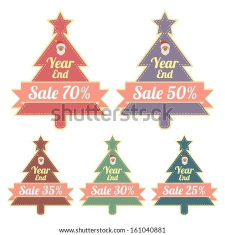 Marketing Material For Promotional Sale or Marketing Campaign Present By Colorful Christmas Tree Sale Tag or Label With Year End Sale 25-70 Percent Sign Isolated on White Background