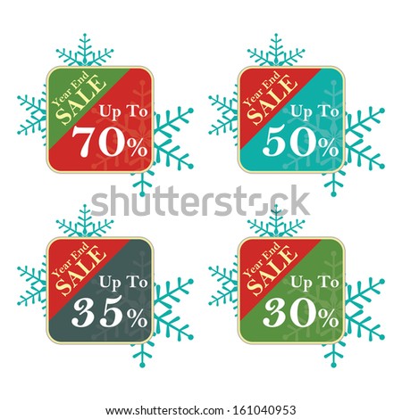 Marketing Material For Promotional Sale or Marketing Campaign Present By Colorful Year End Sale 30-70 Percent Sale Tag or Label With Snowflake Sign Isolated on White Background