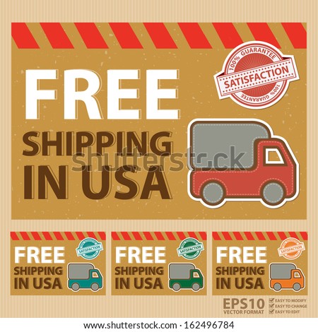 Vector : Graphic For Promotional Sale or Marketing Campaign Present By Set of Vintage Style Free Shipping in USA Postcard With Lorry or Truck Sign and 100 Percent Satisfaction Guarantee Stamp