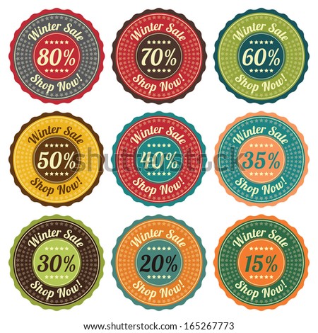 Promotional Sale Labels Set, Colorful  Vintage Style Winter Sale 15-80 Percent Icon, Tag, Sticker, Badge, Label or Stamp Isolated on White Background