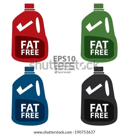 Vector : Colorful Fat Free Milk in Gallon Icon or Label Isolated on White Background
