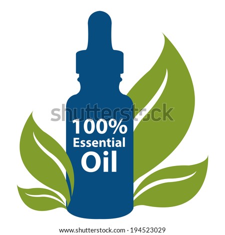 Blue 100 Percent Essential Oil Dropper Bottle With Leaf Isolated on White Background