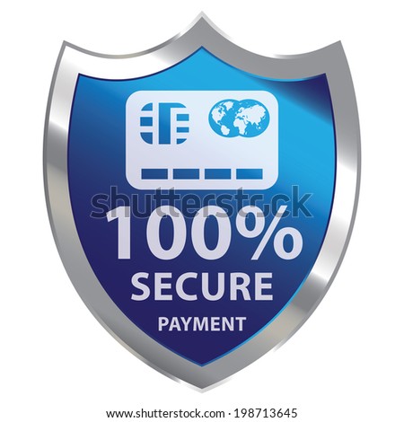 Blue Metallic Shield With 100 Percent Secure Payment Sign Isolated on White Background