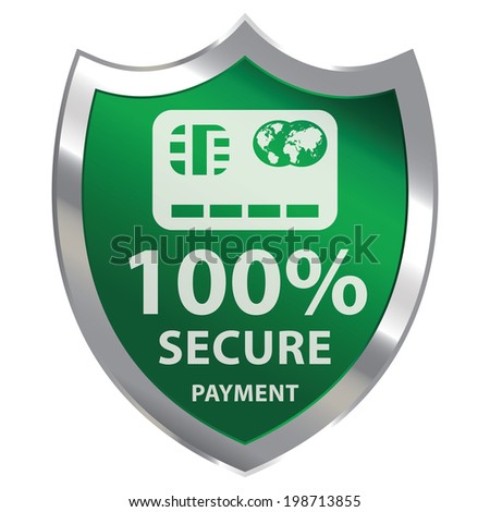 Green Metallic Shield With 100 Percent Secure Payment Sign Isolated on White Background