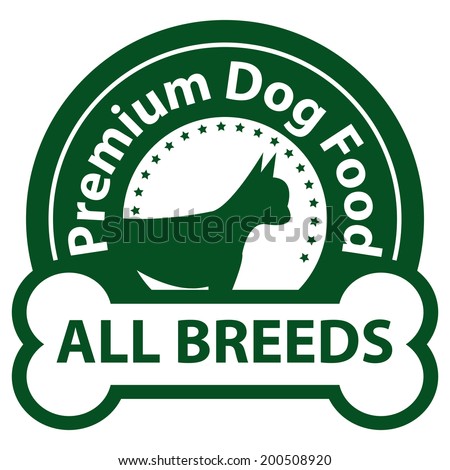 Green Premium Dog Food, All Breeds Icon, Sticker or Label Isolated on White Background
