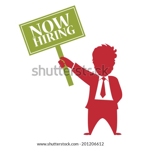 Businessman With Green Now Hiring Sign Isolated on White Background