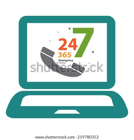 Blue Computer Laptop With 24 Hours A Day, 7 Days A Week, 365 Days A Year Emergency Hotline on Screen Sign, Icon or Label Isolated on White Background