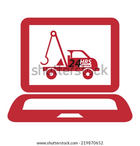 Red Computer Laptop With 24 HRS Service Tow Car or Truck on Screen Sign, Icon or Label Isolated on White Background
