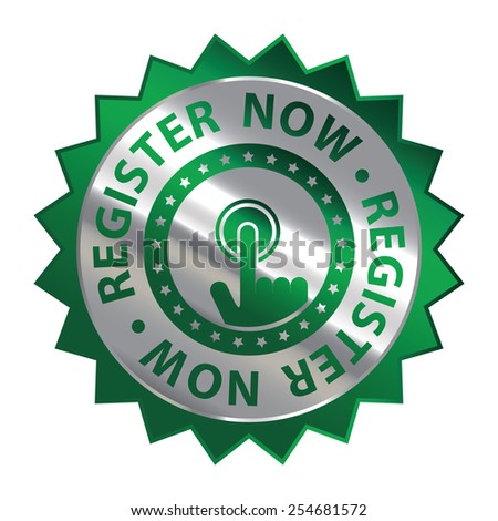 Green Silver Metallic Register Now Icon, Label or Sticker Isolated on White Background