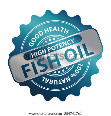 Blue Metallic High Potency Fish Oil Good Health 100% Natural Icon, Label, Badge or Sticker Isolated on White Background