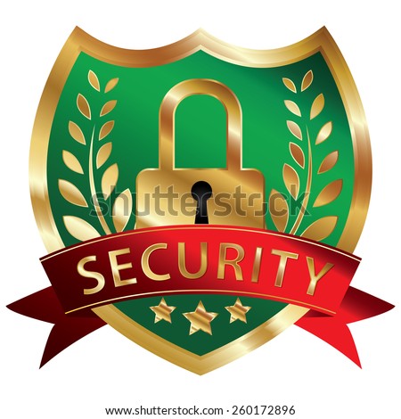Green and Gold Metallic Security Shield, Ribbon, Badge, Icon, Sticker, Banner, Tag, Sign or Label Isolated on White Background