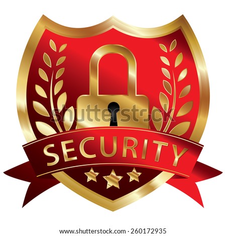Red and Gold Metallic Security Shield, Ribbon, Badge, Icon, Sticker, Banner, Tag, Sign or Label Isolated on White Background