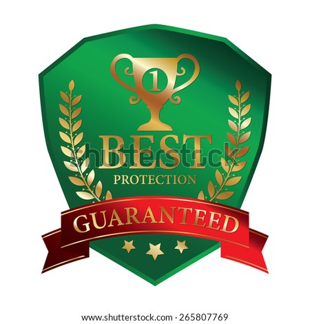 Green Metallic Best Protection Guaranteed Ribbon, Shield, Label, Sticker, Banner, Sign or Icon Isolated on White Background