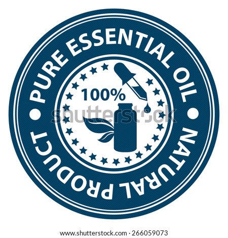 Blue 100% Pure Essential Oil Natural Product Badge, Label, Sticker, Banner, Sign or Icon Isolated on White Background