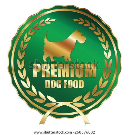 Green and Gold Metallic Premium Dog Food Ribbon, Badge, Label, Sticker, Banner, Sign or Icon Isolated on White Background