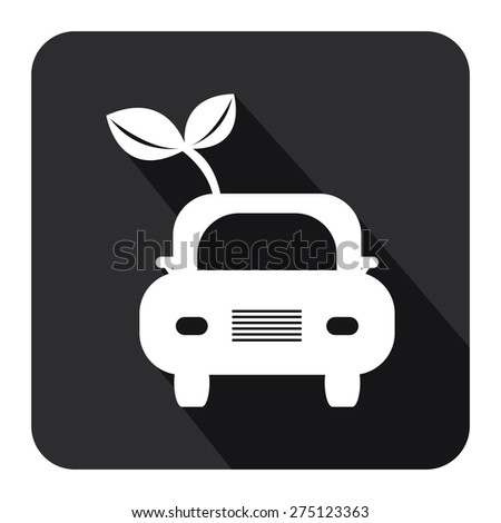 Black Square Eco Car With Young Plant Flat Long Shadow Style Icon, Label, Sticker, Sign or Banner Isolated on White Background