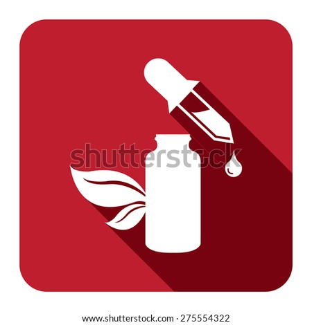 Red Square Essential Oil or Organic Serum Flat Long Shadow Style Icon, Label, Sticker, Sign or Banner Isolated on White Background