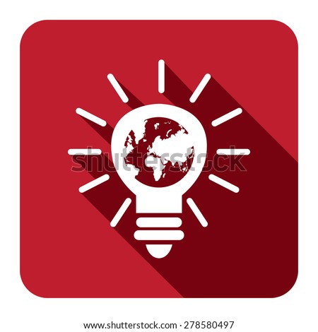 Red Light Bulb With Earth Flat Long Shadow Style Icon, Label, Sticker, Sign or Banner Isolated on White Background