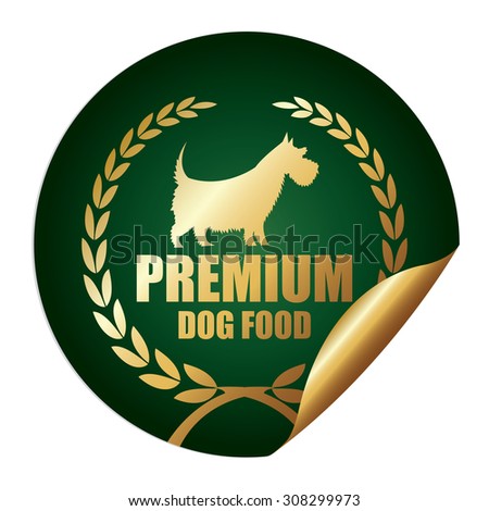 Green Metallic Premium Dog Food Infographics Peeling Sticker, Icon, Badge, Sign or Label Isolated on White Background