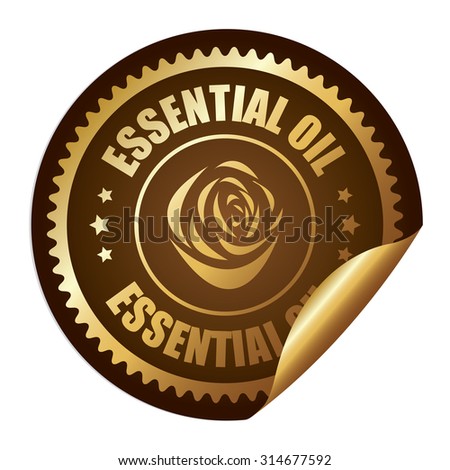 Brown Metallic Circle Essential Oil Infographics Peeling Sticker, Label, Icon, Sign or Badge Isolated on White Background