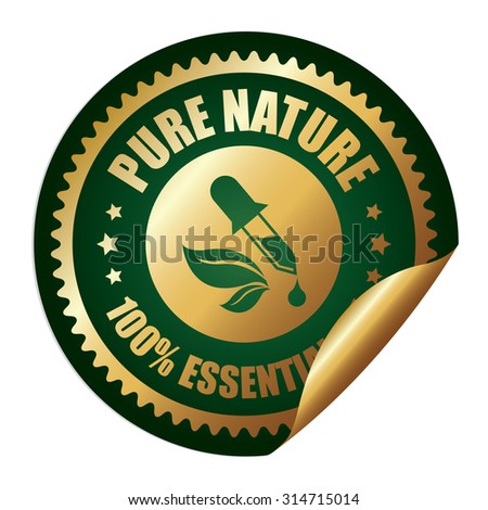 Green Metallic Circle Pure Nature 100% Essential Oil Infographics Peeling Sticker, Label, Icon, Sign or Badge Isolated on White Background