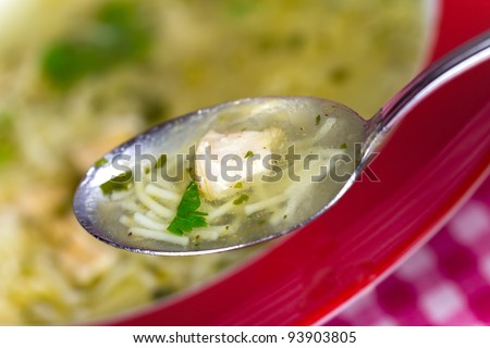 A picture of a  traditional chicken soup served  over vegetable background